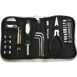 23-Piece Tool Set in Zipper Case - Includes:1 x Pliers, 2 x Screwdrivers, 10 x Bits, 1 x Socket Screwdriver, 1 x Extender, 4 x Socket Nuts, 3 x Allen Keys and 1 x Tape Measure [1Meter] - Material 600D Carry Bag Stainless Steel Tools